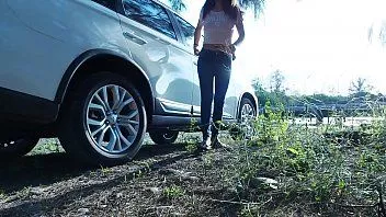 Play Piss stop - urgent outdoor roadside pee and cock sucking by asian girl tina in blue jeans