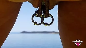 play Nippleringlover kinky mother double rings in extreme pierced nipples fingering pierced pussy and pissing at nude beach